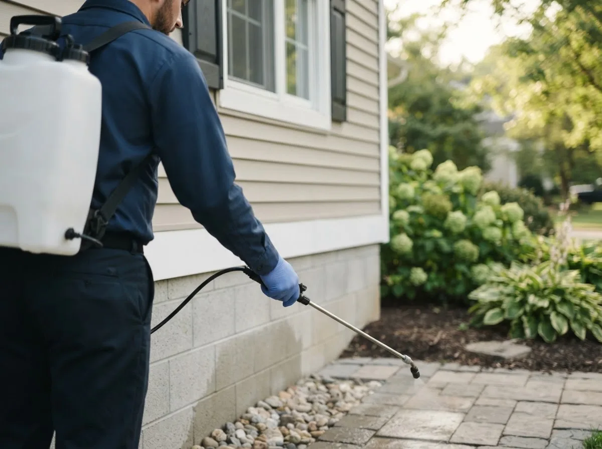 Pest control technician inspecting a home in Manchester, IL